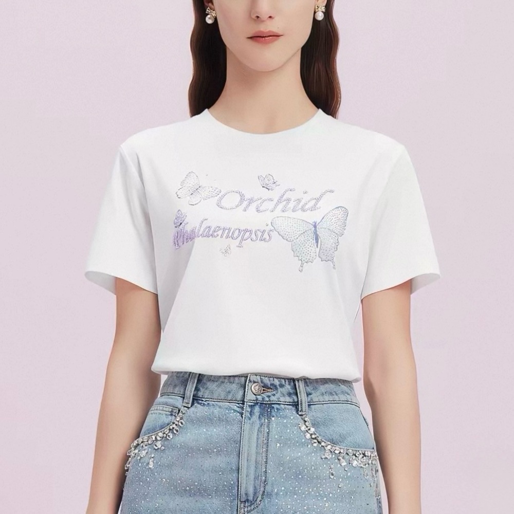 White Cotton Orchid Butterfly Graphic Short Sleeve Tee with Crystal Decoration